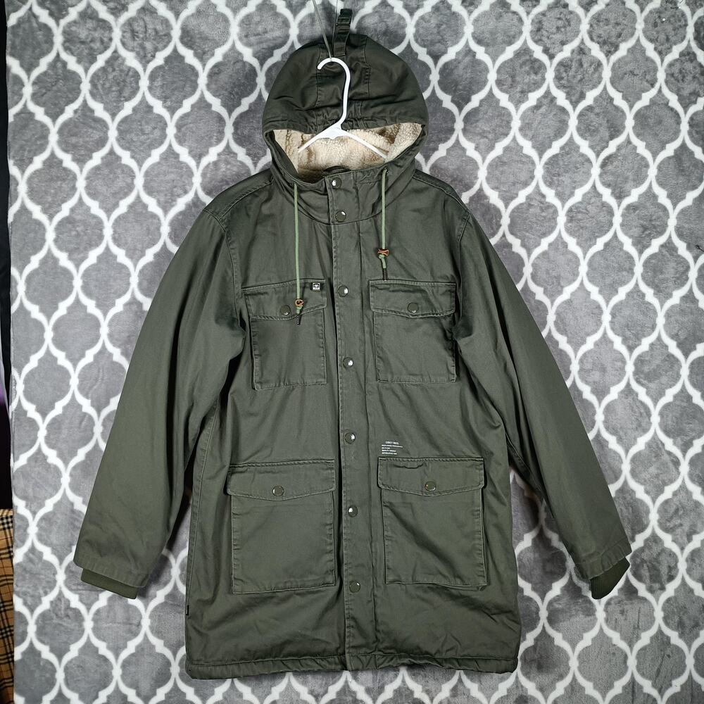 Obey Jacket Mens Medium Green Sherpa Lined Hooded Parka Cotton Winter Coat